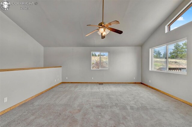 180 E Cobb Ln, Guffey, CO 80820 - carpeted spare room featuring a ceiling fan, baseboards, and lofted ceiling