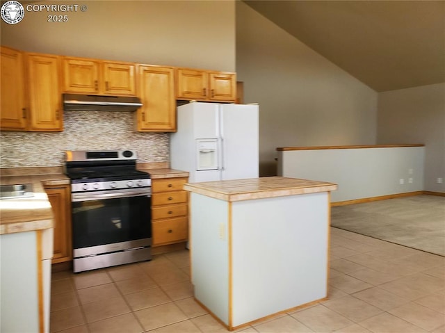 kitchen featuring a center island, white refrigerator with ice dispenser, stainless steel electric range oven, light countertops, and under cabinet range hood