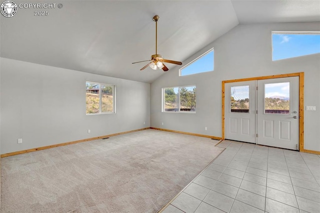 180 E Cobb Ln, Guffey, CO 80820 - tiled foyer featuring carpet flooring, baseboards, high vaulted ceiling, and a ceiling fan