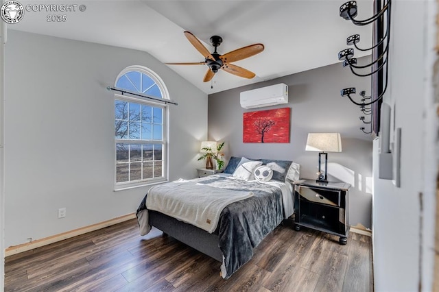 bedroom featuring ceiling fan, lofted ceiling, dark hardwood / wood-style floors, and a wall unit AC