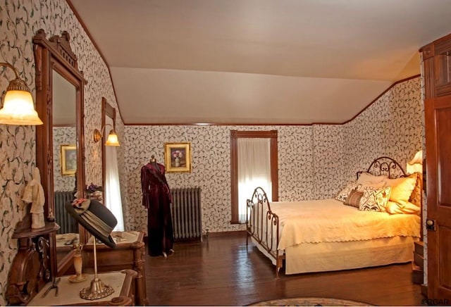 bedroom featuring dark wood-type flooring, radiator heating unit, and vaulted ceiling