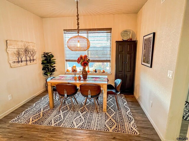 dining space with dark hardwood / wood-style flooring