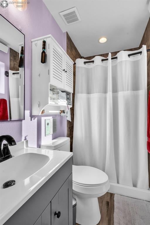 202 First St, Silver Cliff, CO 81252 - bathroom with vanity, wood finished floors, and curtained shower