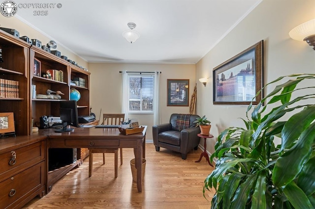 office with crown molding, light wood-style floors, and baseboards