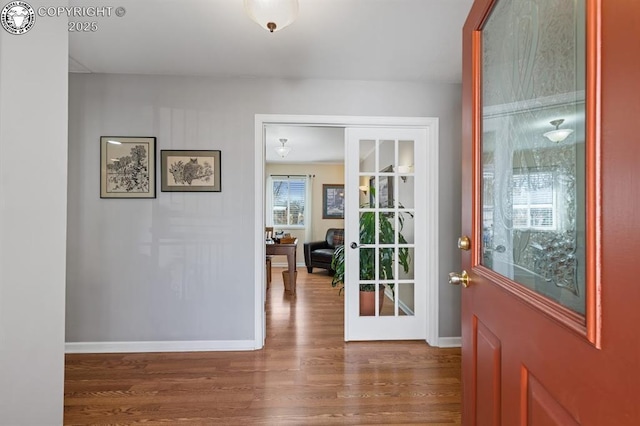 doorway to outside featuring baseboards and wood finished floors