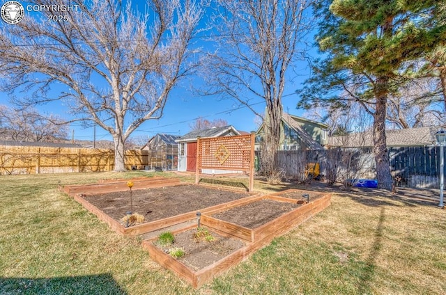 view of yard featuring a fenced backyard and a garden