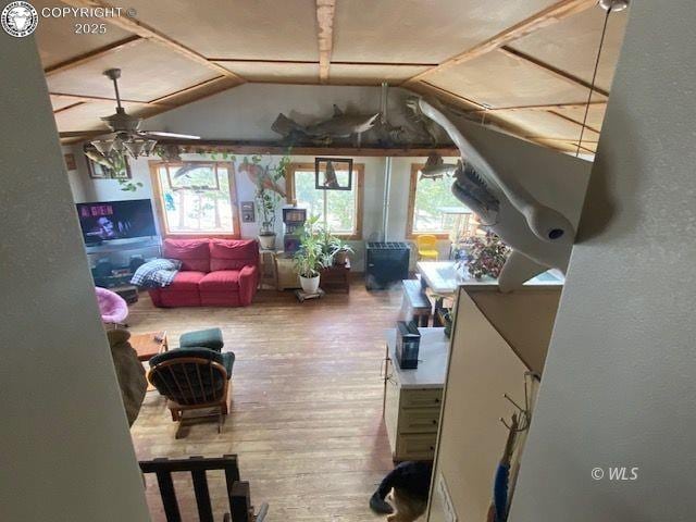 living room featuring wood-type flooring, ceiling fan, and vaulted ceiling