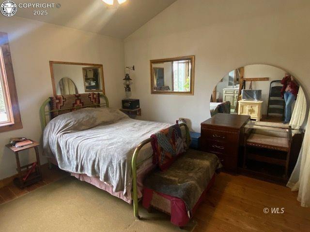 bedroom featuring lofted ceiling and wood-type flooring