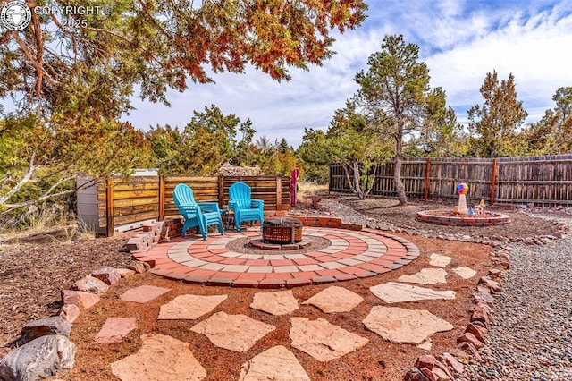 view of patio / terrace with a fire pit and a fenced backyard