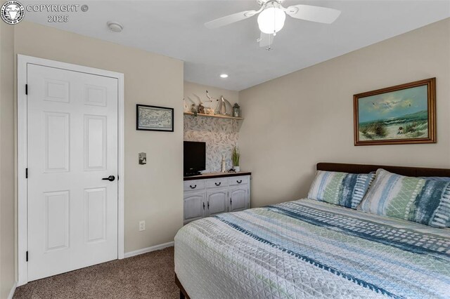 bedroom featuring carpet, baseboards, and ceiling fan