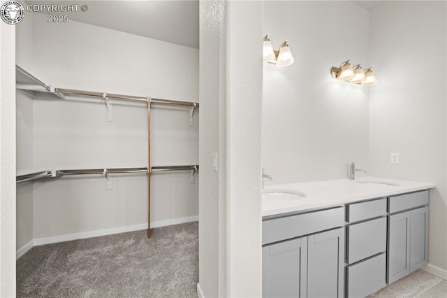 bathroom with double vanity, a sink, and a walk in closet