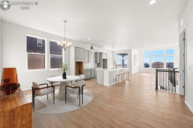 kitchen featuring light wood-style floors, gray cabinets, a sink, and light countertops