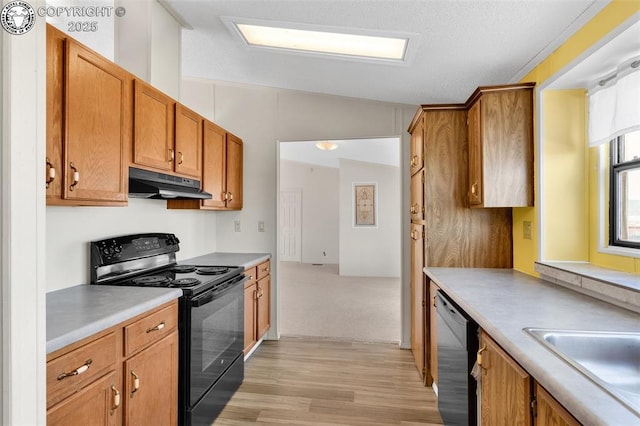 kitchen featuring light countertops, black range with electric stovetop, stainless steel dishwasher, brown cabinetry, and under cabinet range hood