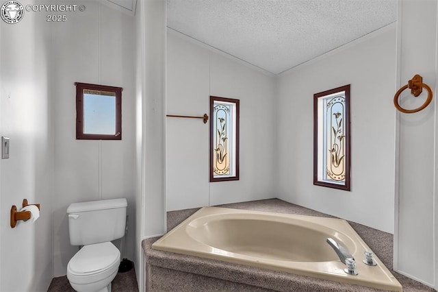 bathroom featuring toilet, a wealth of natural light, a tub to relax in, and a textured ceiling