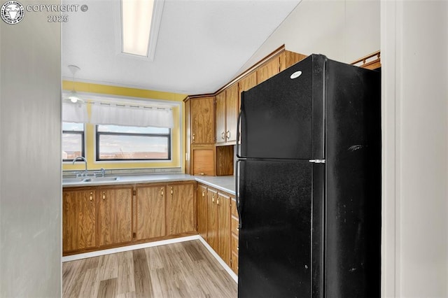 kitchen featuring brown cabinets, freestanding refrigerator, light countertops, and a sink