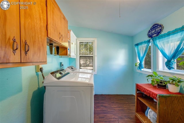 clothes washing area featuring dark hardwood / wood-style flooring, independent washer and dryer, and cabinets