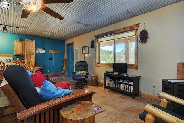 214 Durfee Cir, Westcliffe, CO 81252 - living room with a ceiling fan, light carpet, and baseboards