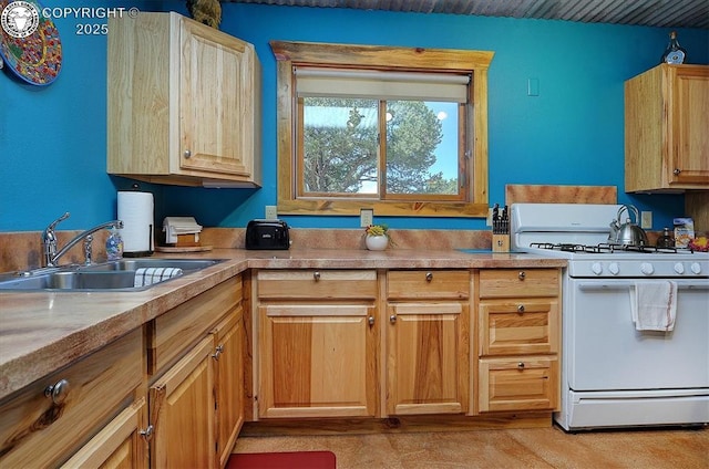 214 Durfee Cir, Westcliffe, CO 81252 - kitchen with white range with gas cooktop, a sink, and light countertops