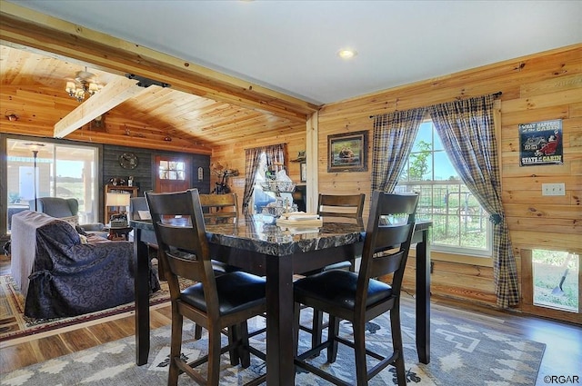 dining area with hardwood / wood-style flooring, vaulted ceiling with beams, wooden ceiling, and wood walls