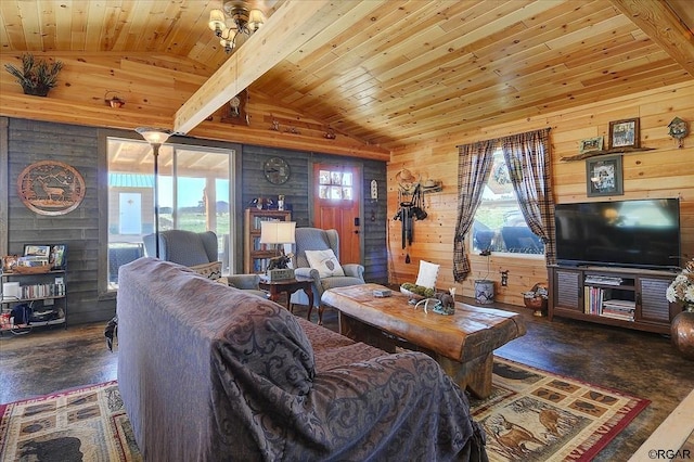 living room with vaulted ceiling with beams, dark wood-type flooring, wooden ceiling, and wood walls