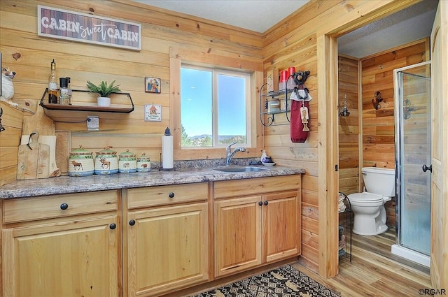 interior space featuring hardwood / wood-style flooring, a shower with door, wooden walls, vanity, and toilet