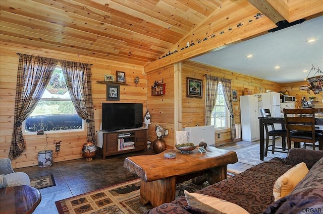 living room with vaulted ceiling with beams, wooden ceiling, and wood walls