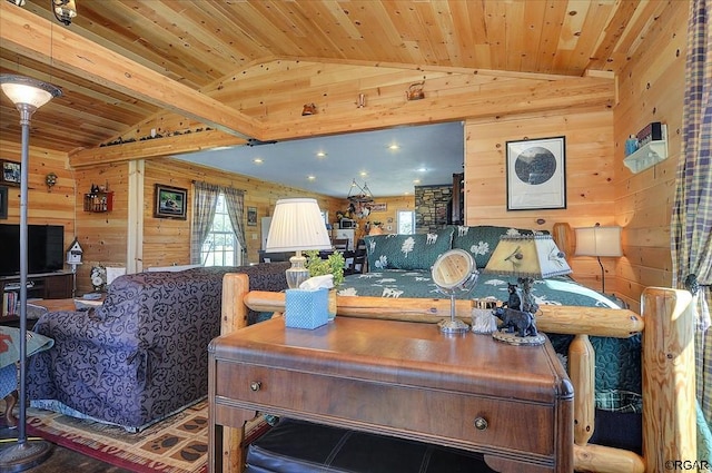 living room with lofted ceiling, wooden walls, and wooden ceiling