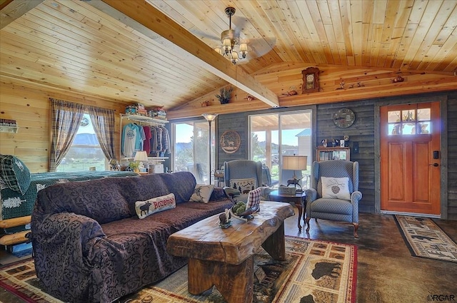 living room with lofted ceiling, ceiling fan, carpet, wooden ceiling, and wood walls