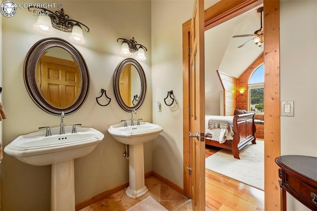 324 Elk View Ct, Canon City, CO 81212 - bathroom with baseboards, a ceiling fan, tile patterned flooring, and lofted ceiling