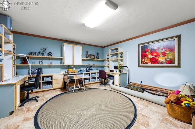 324 Elk View Ct, Canon City, CO 81212 - office area with built in desk, crown molding, and a textured ceiling