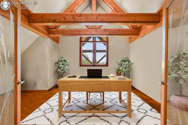 324 Elk View Ct, Canon City, CO 81212 - home office featuring vaulted ceiling with beams and wood finished floors