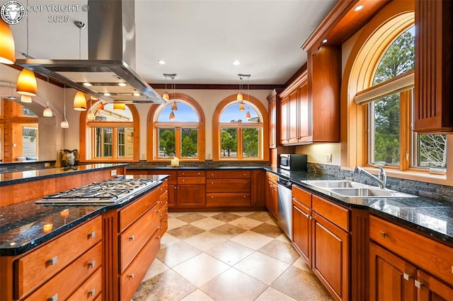 324 Elk View Ct, Canon City, CO 81212 - kitchen with a sink, decorative light fixtures, stainless steel appliances, and island exhaust hood