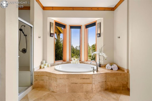324 Elk View Ct, Canon City, CO 81212 - full bath with a shower stall, tile patterned flooring, a garden tub, and crown molding