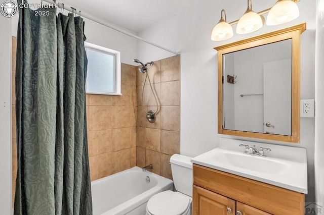 full bathroom with vanity, toilet, and shower / tub combo with curtain