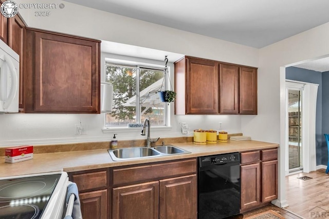 kitchen featuring range with electric cooktop, black dishwasher, sink, and light hardwood / wood-style floors