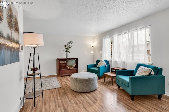 living area featuring hardwood / wood-style flooring and a textured ceiling