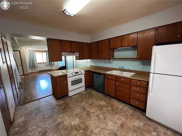 9 Granada Ct Unit 5, Westcliffe, CO 81252 - kitchen with white appliances, a sink, under cabinet range hood, stone finish floors, and open shelves