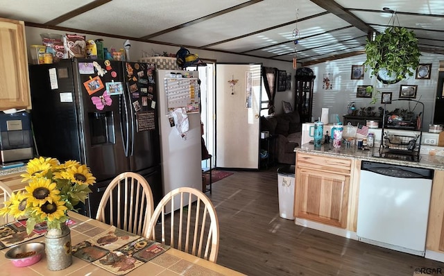 kitchen featuring dishwashing machine, dark hardwood / wood-style flooring, fridge with ice dispenser, and light brown cabinets