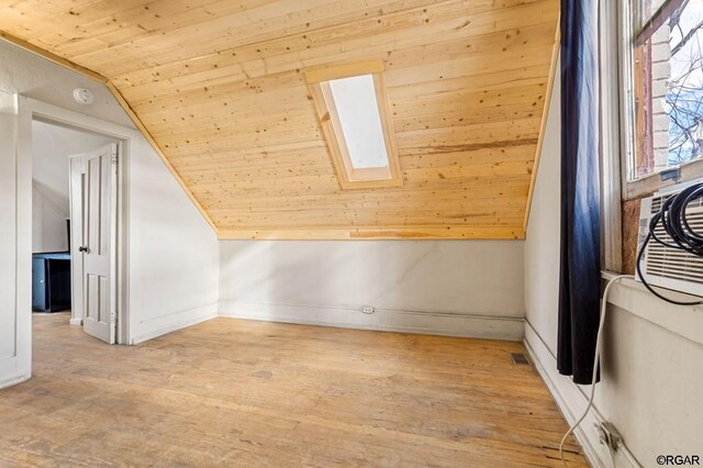 bonus room featuring hardwood / wood-style floors, vaulted ceiling with skylight, and wooden ceiling