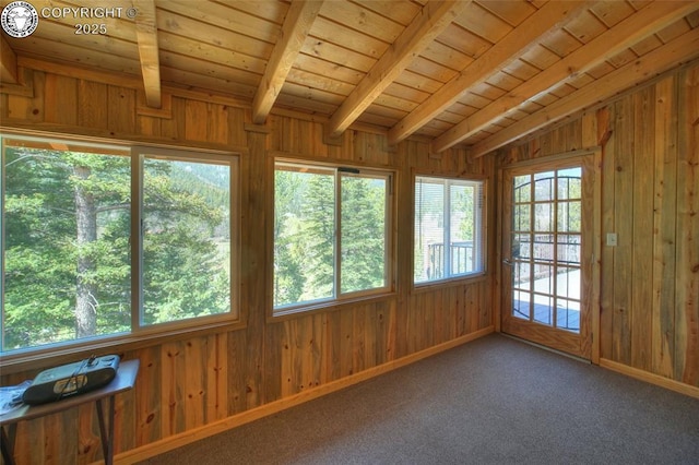 648 Westcliffe Dr, Rye, CO 81069 - unfurnished sunroom featuring wood ceiling, plenty of natural light, wood walls, baseboards, and carpet