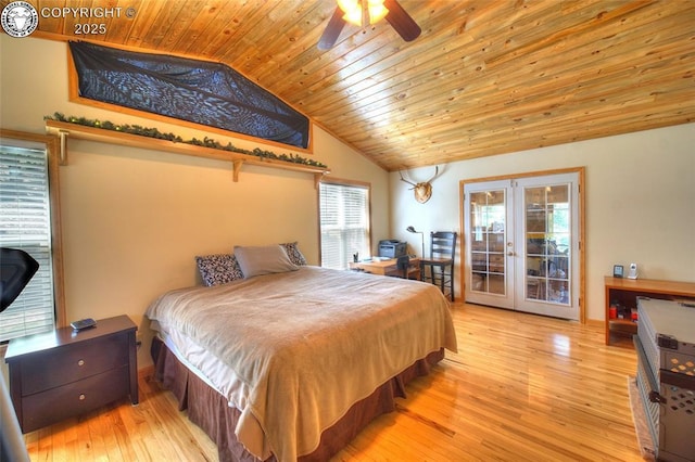 648 Westcliffe Dr, Rye, CO 81069 - bedroom with french doors, vaulted ceiling, wood ceiling, light wood-type flooring, and access to exterior