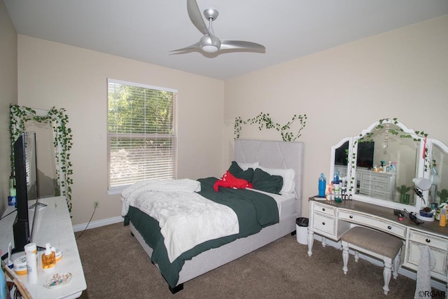 bedroom featuring ceiling fan and dark carpet