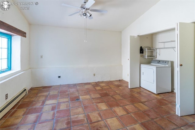 laundry room with baseboard heating, laundry area, washer / clothes dryer, and a ceiling fan