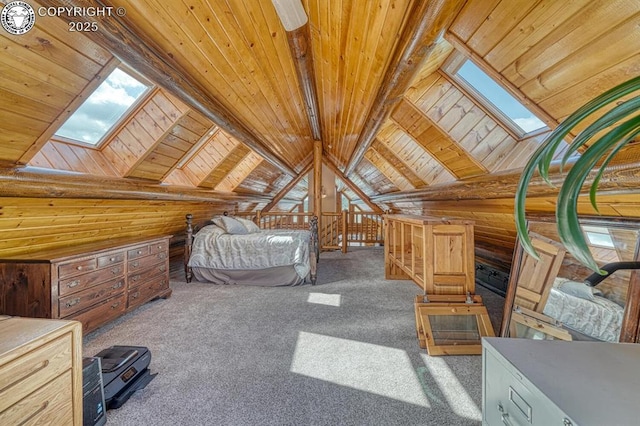 unfurnished bedroom featuring vaulted ceiling with skylight, carpet floors, and wood ceiling