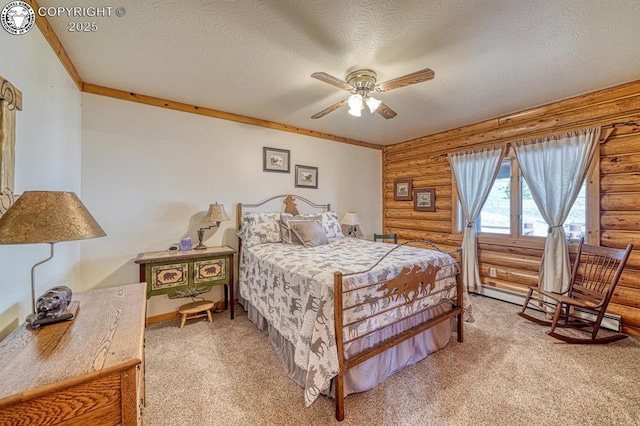 bedroom featuring light colored carpet, a textured ceiling, log walls, and a baseboard radiator
