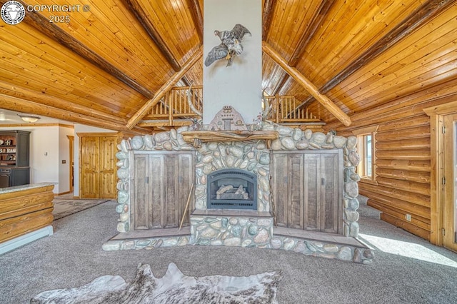 unfurnished living room featuring rustic walls, beam ceiling, carpet, and wood ceiling