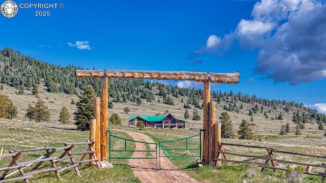 view of yard with fence, a rural view, a view of trees, and a gate