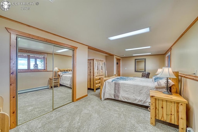 carpeted bedroom featuring a baseboard heating unit, two closets, crown molding, baseboards, and a baseboard radiator