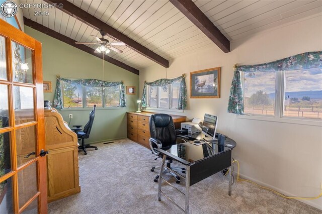 office with ceiling fan, lofted ceiling with beams, light colored carpet, and wooden ceiling