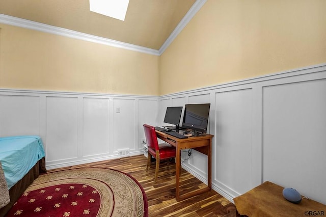 office featuring ornamental molding, dark hardwood / wood-style floors, and lofted ceiling with skylight